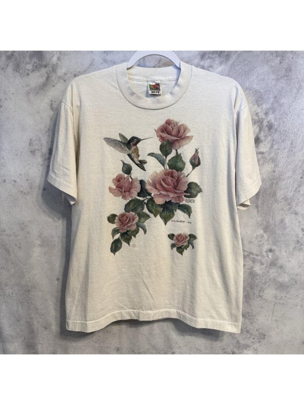Vintage 90s Hummingbird Flower T Shirt Mens Large L White Single Stitch